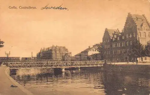 Schweden Gefle Centralbron Brücke Vintage Postkarte