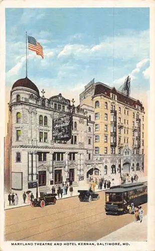 US Maryland Theater und Hotel Kernan Baltimore Maryland Straßenbahn Autos Postkarte