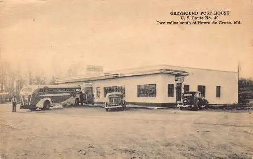 US Havre de Grace Maryland Greyhound Post Office Haus Autos Bus Vintage Postkarte