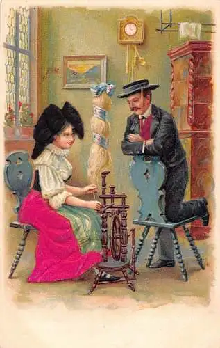 Paar Flirt Kostüm, Spinnen des Woll Seide Kleid geprägte Vintage Postkarte