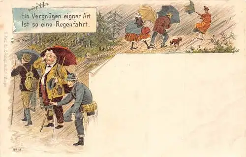 Schweiz zu Fuß im Regen Regen Regenschirme windig Comic Humor Vintage Postkarte