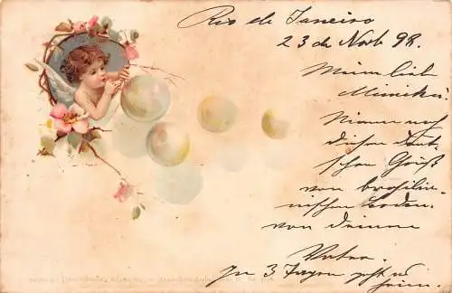 Brasilien Rio de Janeiro 1898 Cherub Amor Seifenblasen Floral Vintage Postkarte