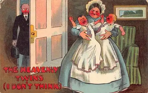 Comic Humor Mutter hält Babys schreien die himmlischen Zwillinge Vintage Postkarte
