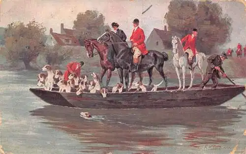 Jagdszene 1915 Reiter Jäger Hunde überqueren Fluss auf Boot 1. Weltkrieg Feldpostkarte