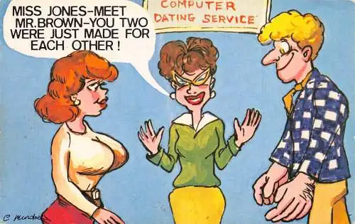 Comic Humor Computer Partnervermittlung Paar füreinander gemacht Vintage Postkarte