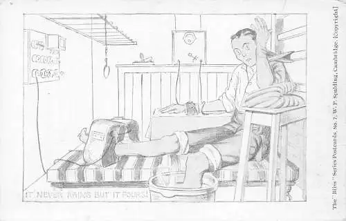 Kunst von Dorothy Bliss Verletzter Soldat aus dem Ersten Weltkrieg Es regnet nie, aber es schüttet Postkarte