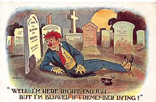 Comic Humor 1927 Mann wacht auf Friedhof auf geblasen, wenn man sich daran erinnert zu sterben Postkarte