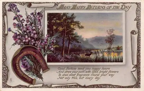Viele glückliche Rückkehr des Tages 1910 Landschaft Hufeisen Blumen Hirsch Postkarte
