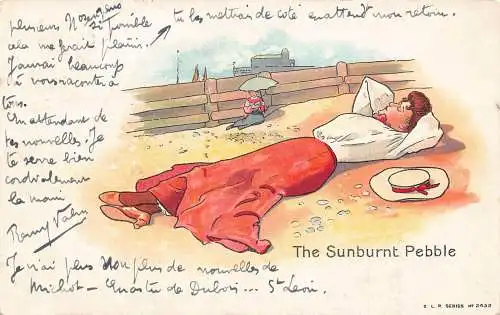 Strandszene 1909 Frau liegt auf sonnenverbranntem Kiesel Urlaub Vintage Postkarte