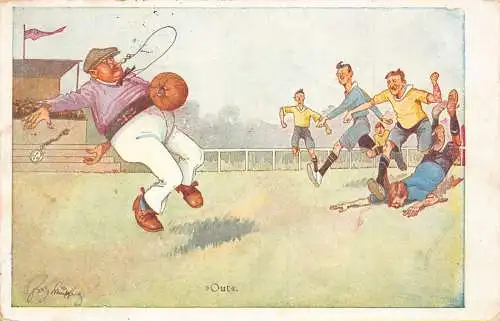 B092 Comic Humor 1923 Jungen spielen Fußball schlagen Auszubildende Vintage Postkarte