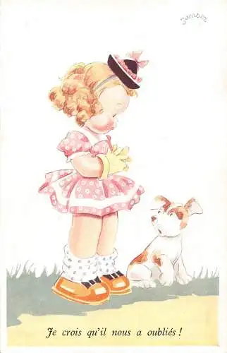 B092 Kunst süßes Mädchen und Hund Je crois qu'il nous a oublies! alte Postkarte
