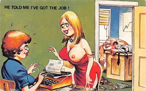 Comic Humor halbnackte Frau erschöpfter Chef, ich habe den Job! Postkarte
