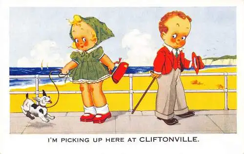Grüße Cliftonville Paar als Kinder flirten Hund Strand Kunst Postkarte