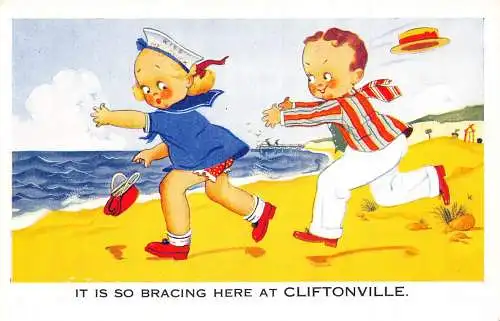 Grüße Cliftonville Junge jagt Mädchen Matrosen Hüte Strand Vintage Postkarte
