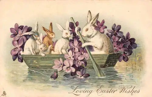 Postkarte Ostergrüße 1907 vermenschlichte Hasen Ruderboot violette Blumen