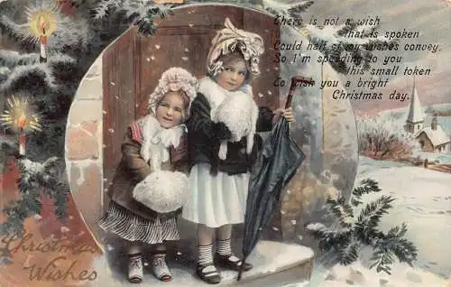 Weihnachtsgrüße Schwester wartet vor der Haustür Regenschirm Kerze Schnee Postkarte