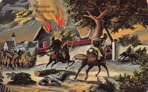 Kunst 1916 Plünderungskosaken angegriffen durch deutsches Kavalleriefeuer 1. Weltkrieg Feldpostkarte