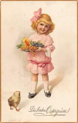 B093 Ostergrüße 1918 Kükenmädchen mit Obstteller Vintage Postkarte