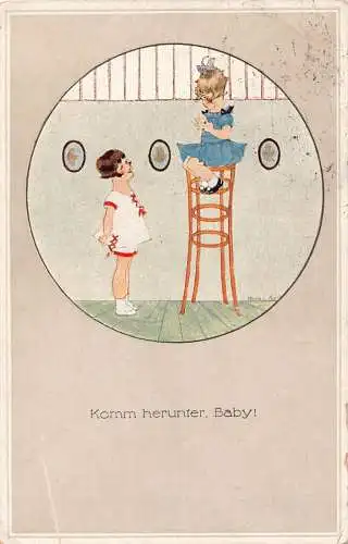 B093 Passepartout Art Baby auf Hochstuhl Komm herunfer, Baby! alte Postkarte