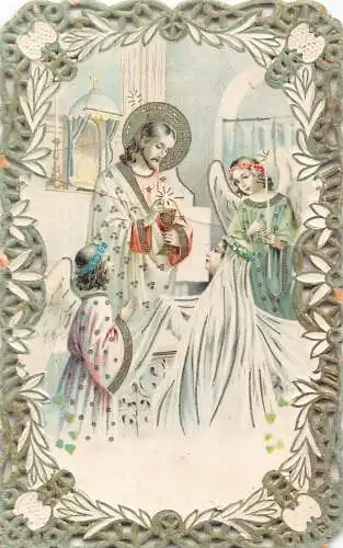 B093 Weihnachtsschnitt in Papier geprägt religiöse Szene Engel Vintage Postkarte