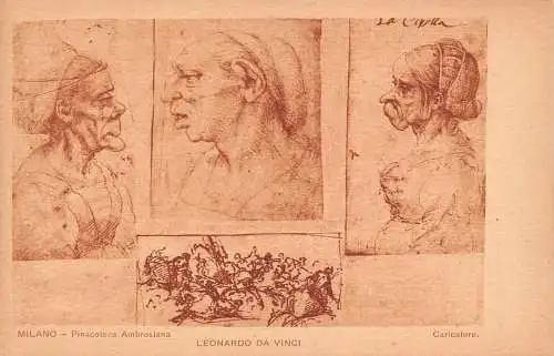 B094 Pinacoteca Ambrosiana Milano Leonardo Da Vinci Männer Karikaturen Postkarte