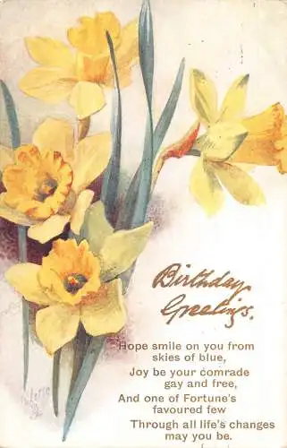 Geburtstagsgrüße Narzissen Blumen Gedicht Vintage Postkarte