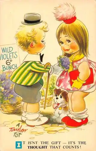 Bamforth Kinder als Paar flirten Veilchen Blumenstrauß Hund Liebe Romantik Postkarte