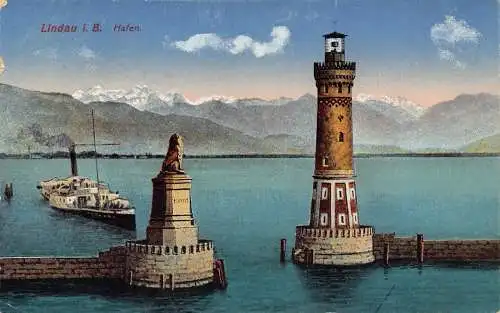 B095 Deutschland 1921 Lindau i B Hafen Dampfschiff Leuchtturm Vintage Postkarte