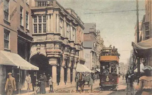 England Exeter Guildhall und High Street Doppeldecker Straßenbahnwagen Shop Postkarte