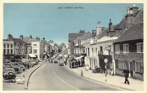 England Battle High Street Parkplatz Straßenschilder Geschäfte Vintage Postkarte