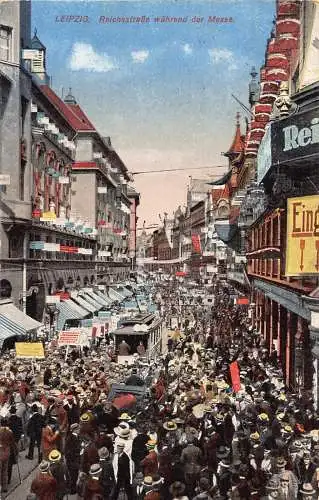 B097 Deutschland 1928 Leipzig Reichsstraße waehrend der Messe Messe Straßenbahn Postkarte
