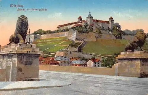 B097 Deutschland 1920 Würzburg Festung mit Ludwigsbrücke Zitadelle Vintage Postkarte