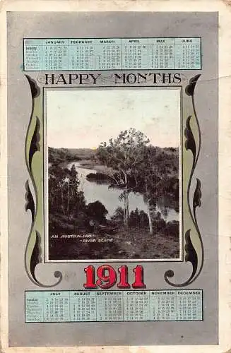 Australien 1911 Flussszene Happy Months Kalender Passepartout Vintage Postkarte