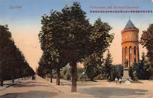 B098 Frankreich Colmar Promenade mit Bartholdi Denkmal Vintage Postkarte