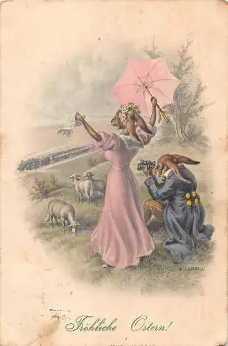 B099 Ostergrüße 1915 Humanisierte Hasen als Paar Fernglas Lamm Postkarte