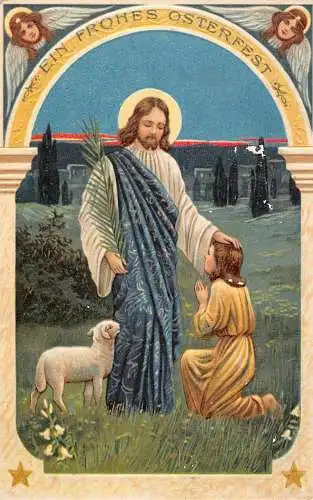 B099 Ostergrüße Religiöse Szene Jesus Lamm Kind Engel Prägepostkarte