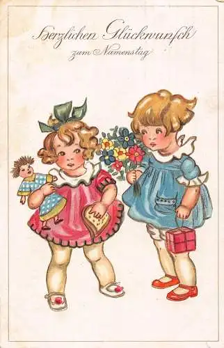 B100 Namenstag Grüße 1920 Mädchen mit Spielzeug Geschenke Puppe Blumen Vintage Postkarte