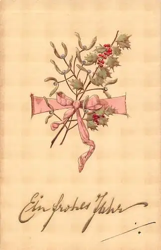 B101 Neujahrsgrüße Mistelzweig und Heiliger Baum unter Band geprägte Postkarte
