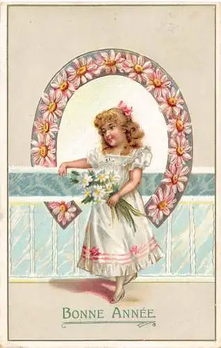 B101 Neujahrsgrüße 1910 Mädchen Gänseblümchen Hufeisen Blumen Prägepostkarte