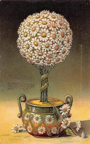 B101 Neujahrsgrüße 1912 Baum aus Gänseblümchen Blumen im Topf geprägte Postkarte