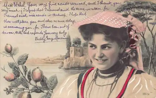 Belgien Mädchen in Tracht Früchte Landschaft Vintage Postkarte