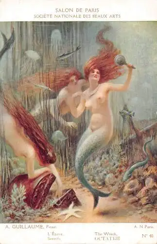 Salon de Paris Meerjungfrauen Fisch Qualle Seestern Akt Kunst gewagte Vintage Postkarte