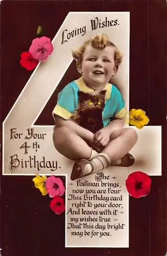 4. Geburtstag Grüße Junge schwarze Katze Blumen Nummer 4 Gedicht RPPC Postkarte