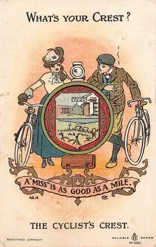 1906 Das Radfahrerwappen Paare auf Fahrrädern Mann raucht Scheinwerfer Postkarte