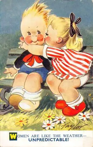 Bamforth Kinder Comic Humor Mädchen Küsse Junge Frau sind wie Wetter Postkarte