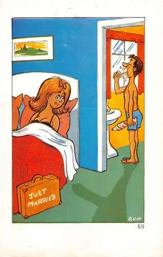 Comic Humor Just Married Paar Mann Zähne putzen Frecher Schatten Postkarte