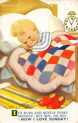 Bamforth Kinder Comic Humor Junge schläft im Bett Wie ich Sonntag liebe Postkarte