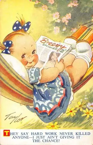 Bamforth Kinder Comic 1956 Mädchen entspannt in Hängematte liest Zeitung Postkarte