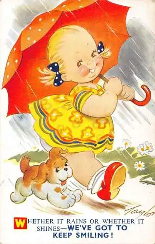 Bamforth Kinder Comic Humor Mädchen und Hund Regenschirm Got lächle weiter! Postkarte