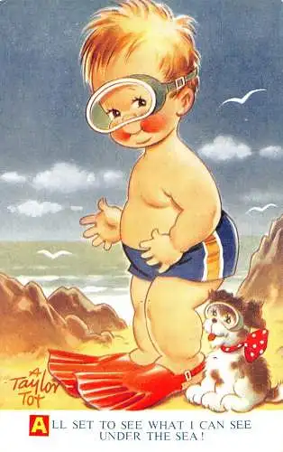 Bamforth Kinder Comic Humor Junge Hund Schwimmbrille Strand Meer Postkarte
